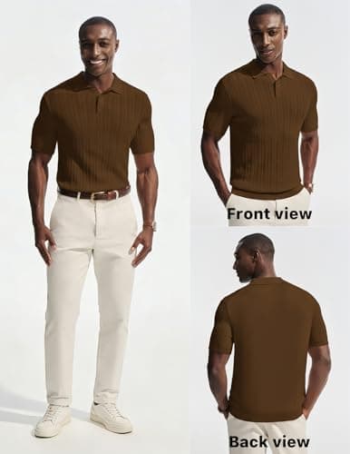PJ PAUL JONES Mens Short Sleeve Knit Polo Shirts Casual Textured Polo Golf Shirts Summer Beach Shirt Brown S - Thumbnail 4