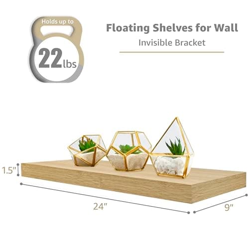 Sorbus Floating Shelves for Wall - 24" Bathroom Shelves, Wall Decor for Bedroom, Kitchen, Living Room, Home Decor & Book Storage - Mounted Floating Shelf with Invisible Brackets (Maple Wood, 2 Pack) - Thumbnail 3