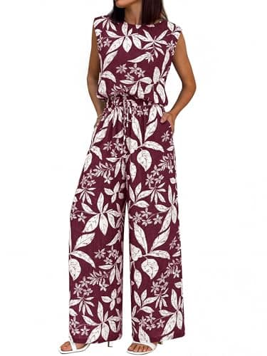 BTFBM Lounge Sets For Women Summer Sweatsuits 2 Piece Tracksuit Sleeveless Tops Wide Leg Pants Floral Vacation Outfits(Floral Wine Red,X-Large) - Image 1