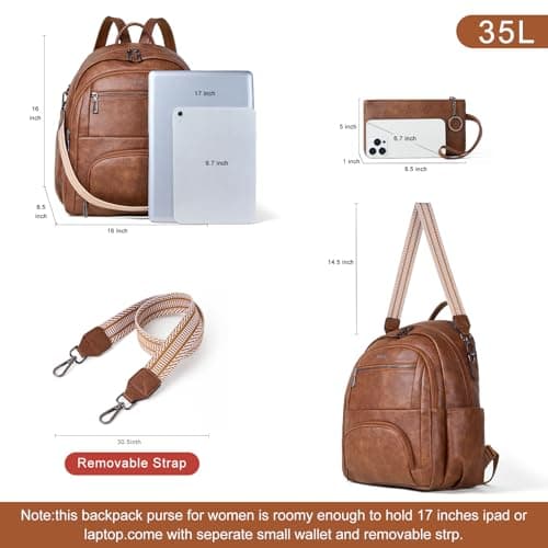 Leresas 35L Backpack Purse for Women Men Vegan Leather Backpack Travel College Work Laptop Computer Bag Business Teacher Backpack Brown - Thumbnail 5