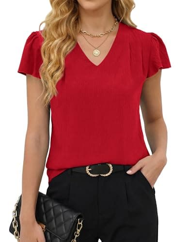 Gleeneat Womens Business Casual Work Blouses Summer Dressy Casual Dress Ruffle Short Sleeve Shirts Flowy V Neck Cute Office Tops 2026 Trendy Outfits Blusas Casuales de Mujer Bonitas Red - Image 1
