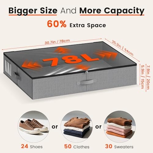 GEMWON XXXL 78L Under Bed Storage, Storage Containers with Support & Clear Lid, Support Frame, Underbed Storage Bins for Clothes, Shoes, Blankets, and Toys 2 pack (78L) - Thumbnail 2