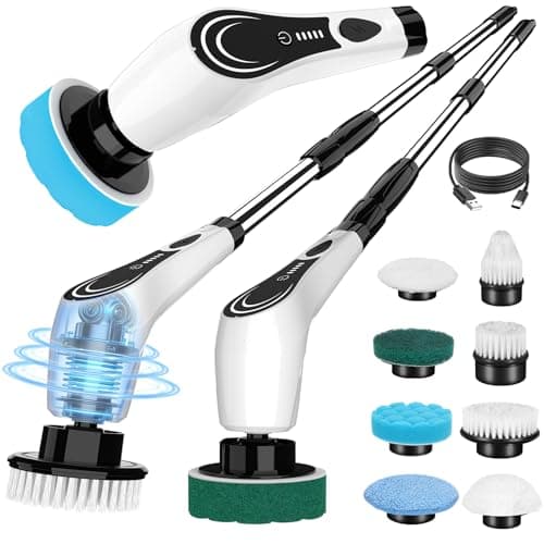 Lichffy Electric Spin Scrubber, Cordless Power Scrubber with 8 Replaceable Brush Heads, 2-Speed Adjustable Handle, IPX7 Waterproof Shower Scrubber for Bathroom, Tile, Tub, White-rx2 - Image 1