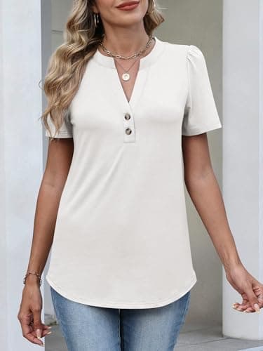 ANRABESS Womens Tops Business Casual 2026 Spring Short Sleeve Henley V Neck Shirts Dressy Work Blouse Summer Trendy Clothing White Medium - Thumbnail 4