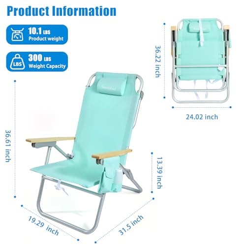 SUNNYFEEL Tall Beach Chair, Reclining Beach Chair with 5-Position, Portable Camping Chair for Adults with Wood Armrest, Lightweight Camping Chair 300 lbs Heavy Duty, Green, 2 Pack - Thumbnail 3