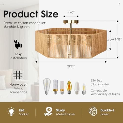 Tadpole Jump Boho Light Fixtures 5-Light Rattan Light Fixture 21.2" Bohemian Ceiling Light Fixture for Bedroom Living Room Dining Room, Bulb NOT Included - Thumbnail 6