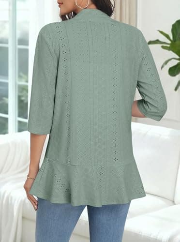 Askyes Women's Casual Cardigan Eyelet Embroidery Open Front Spring Loose Lightweight Beach Cardigan 3/4 Sleeve,Grayish Green,XL - Thumbnail 3