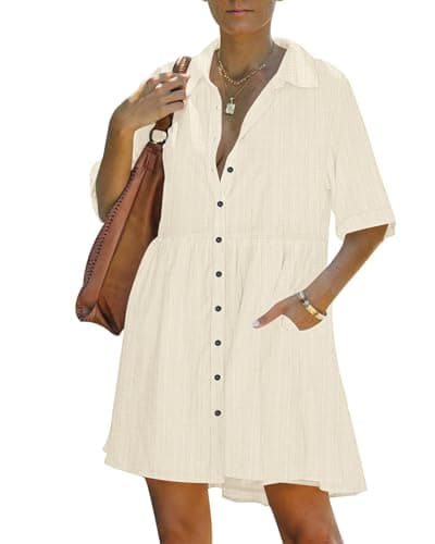 PYGFEMR Women's Summer Dress 2026 Short Sleeve Babydoll Tiered Button Down T Shirts Dresses with Pockets, Light Apricot M - Image 1