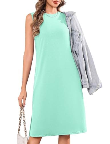 Totatuit Womens Summer Casual Mini Dresses 2026 Sleeveless Crewneck Split Beach Travel Vacation Short Sundress Light Green S - Image 1