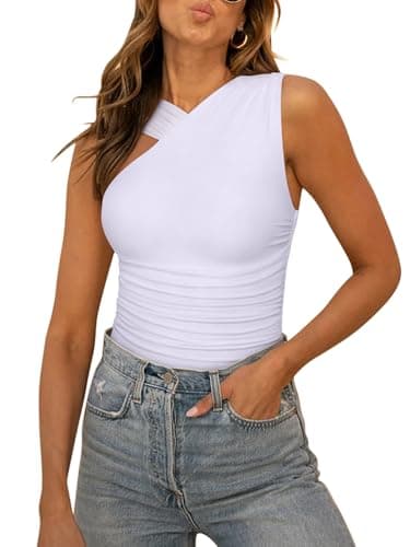 REORIA Womens Sexy Asymmetrical Leopard Print Mesh Ruched Going Out Bodysuits Tank Tops White X-Large - Image 1
