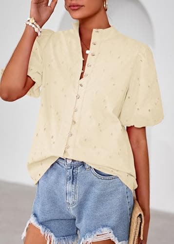 Lazysmile Summer Boho Tops for Women Short Sleeve V Neck Button Down Hollow Out Lace Embroidered Blouses Shirts Apricot - Thumbnail 5