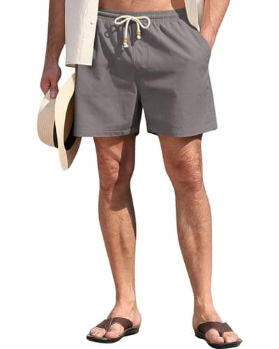 DOWMQ Men's Cotton Linen Shorts - 5" Inseam Casual Shorts with Drawstring Elastic Waistband for Summer Beach Vacation & Golf Dark Gray, S - Thumbnail 2