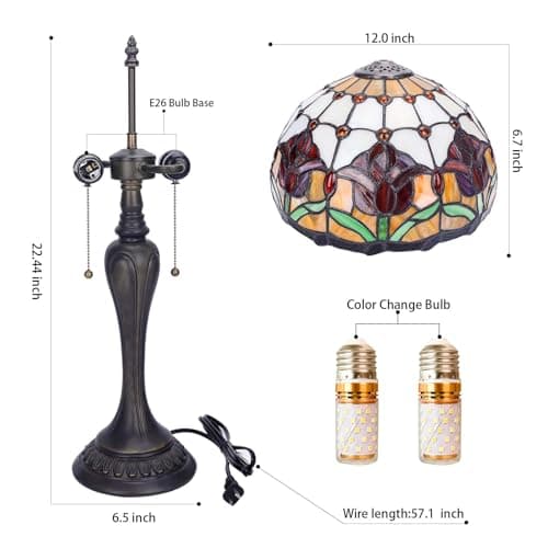 FILIUTF Stained Glass Table Lamp, Red Tulips Style Lampshade Reading Light 12X12X22 Inches, Adjustable 3 Color Temperature Decor for Bedroom Living Room - Thumbnail 5
