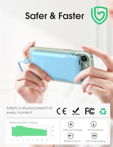 TG90° 10000mAh Power Bank with Built-in AC Wall Plug and Cables, Ultra Slim Phone External Battery Pack Portable Charger Compatible with iPhone and Android Devices - Thumbnail 3
