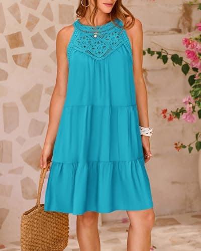 BTFBM Women Summer Dresses 2026 Casual Spring Clothes Sleeveless Halter Neck A-Line Boho Mini Dress Beach Vacation Sundress(Bright Lake Blue, XX-Large) - Thumbnail 3