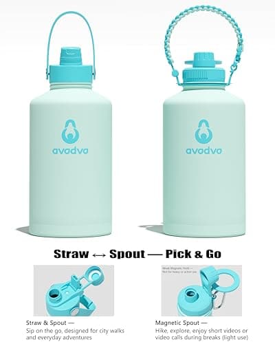 avodvo 1 Gallon Water Bottle with 2 Lids (2-in-1 Straw & Spout Lid, Magnetic Lid), Insulated Water Bottle with Strap, Stainless Steel Water Bottle for Hiking, Gym, Travel, BPA-Free, Green - Thumbnail 3