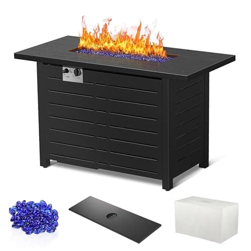 R.W.Flame 43-Inch Propane Fire Pit Table, 50,000 BTU Outdoor Gas Firepit with Waterproof Cover, Glass Stones, Removable Lid, Cup Holders, 2-in-1 Fire Table for Patio, Backyard, Garden, Black - Image 1
