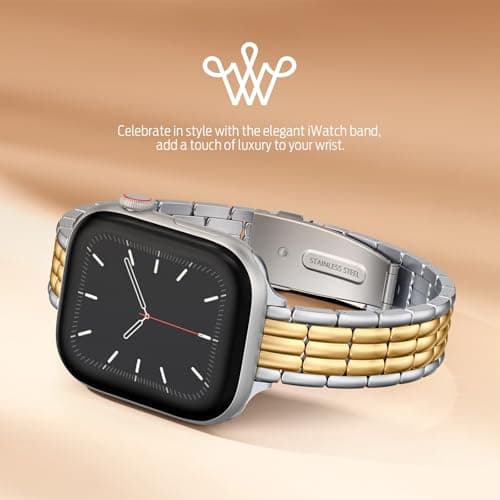 Wearlizer Slim Stainless Steel Band Compatible with Apple Watch Bands 44/45/46/49/42mm Women, Dressy Pretty Metal Strap Bracelet for iWatch Series 11 10 9 8 7 6 5 4 SE/Ultra 3 2 1 Silver/Gold - Thumbnail 2