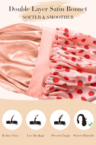Vettres Hair Bonnet for Sleeping Satin Bonnets Silk Sleep Bonnet Double Layer Satin Bonnet with Tie Strawberries - Thumbnail 5