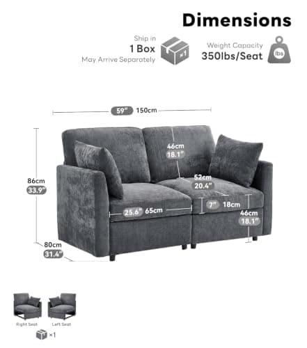 Iroomy Loveseat Cloud Couch for Living Room, Spring Cushion，Comfy Modern Chenille Sofa, Grey - Thumbnail 2