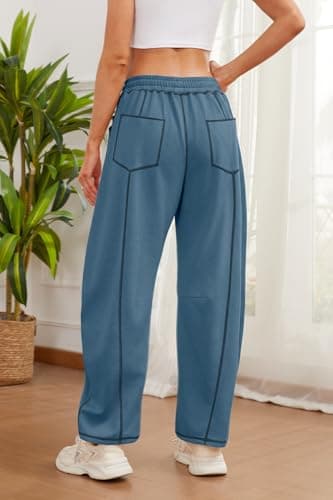 BEINF Barrel Sweatpants Women Elastic Waisted Casual Baggy Sweatpants Drawstring Wide Leg Lounge Pants with Pockets Blue L - Thumbnail 2