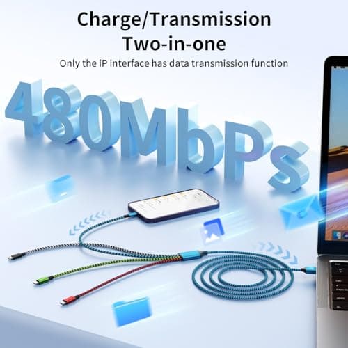 4 in 1 Multi Charging Cable, USB Charging Cable with 2 USB C/IP/Micro USB Charger, Phone Charger for iPhone 17-8/ Android/iPad and More,Car Charger 1 Pack 5FT - Thumbnail 3
