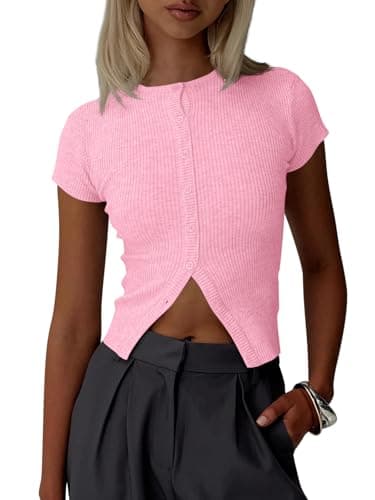 Imily Bela Womens Short Sleeve Sweater Tops Summer Button Down Casual Ribbed Knit Slim Fit Cropped Cardigan Shirts Light Pink - Image 1