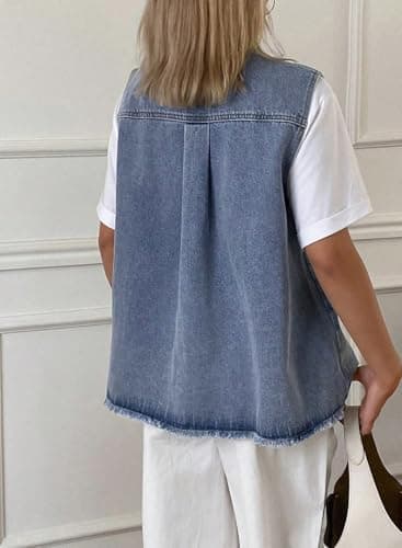 Astylish Womens Dressy Casual Bow Tie Denim Vest Shirts Distressed Sleeveless Henley Neck Park Work Blouse Casual 2026 Summer Spring Shirts Tops Light Blue X-Large - Thumbnail 3
