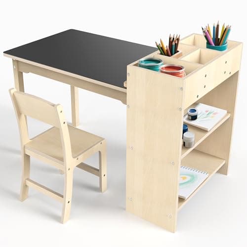 doowroodni Kids Art Table and Chair Set, Sturdy Beech Wood Study Desk for Children’s Drawing, Learning & Play - Multi-Functional Activity Table for Home,Toddler Desk with Storage and 1 Chair - Image 1