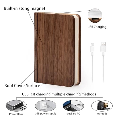 ZBOLE 4.7 Inch Wooden Book Lamp, Book Lovers Gifts,Teacher Appreciation Gifts for Women, Folding Book Light, LED Ambient Lighting, Magnetic Mood Lighting for Home&Library Decor (Walnut) - Thumbnail 5
