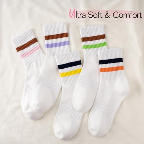 HONGTEYA Cotton Crew Socks for Women Cute Retro Striped Socks 5 Pairs with Arch Support Casual Athletic Vintage (Multicolor) - Thumbnail 6