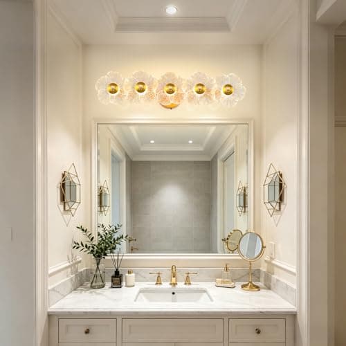 TYhogar 26.7" Gold Bathroom Light Fixtures 5 Light Floral Vanity Lights, 3-Color Dimmable Bathroom Vanity Light Elegant Led Wall Lights Cordless Wall Sconces for Decor,Bathroom,Livingroom - Thumbnail 2