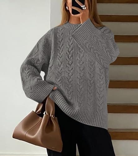 Okiwam Women's Oversized Sweaters Crewneck Cable Knit Pullover Casual Loose Fall Outfits Spring Fashion Clothes 2026-S Grey - Thumbnail 6