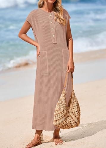 KIRUNDO Womens Summer Dresses 2026 Spring Ribbed Knit Henley Short Sleeve Maxi Dress Button Up Loose Beach Vacation Sundress(Khaki, X-Large) - Thumbnail 4