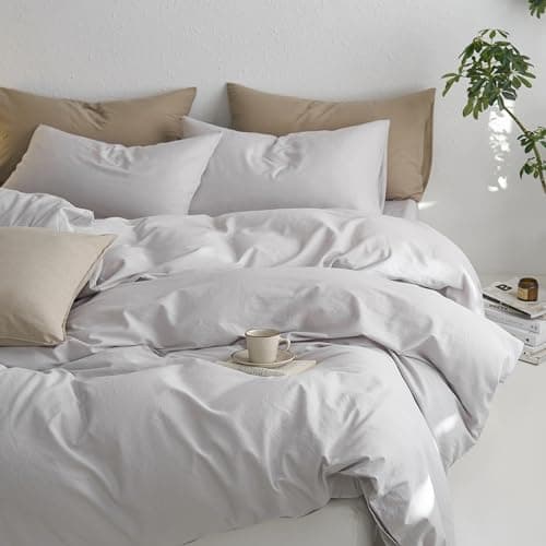 MooMee California King Duvet Cover Set, 100% Washed Cotton Linen Like Twill Thick Sturdy Material Super Soft Breathable Durable Bedding for All Season, 3 Pieces (Light Gray, Cal King 104"x98") - Thumbnail 6