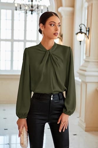GRACE KARIN Womens Satin Blouses for Women Long Sleeve Shirts Mock Neck Blouses Spring Casual Tops Olive Green S - Thumbnail 4