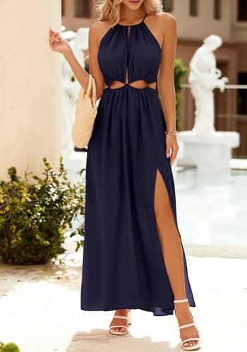 BTFBM Women Halter Summer Dresses 2026 Sleeveless Cutout Backless Sundress Slit Boho Maxi Beach Wedding Guest Dress(Navy, Large) - Thumbnail 2