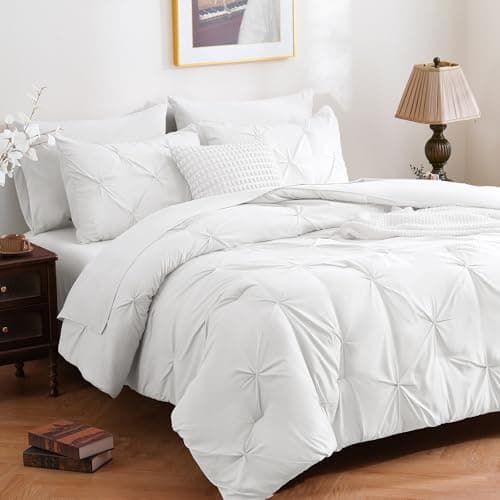 DOWNCOOL 7 Pieces White Full Size Comforter Sets, Pintuck Pinch Pleat Bed in a Bag, Soft Microfiber All Season Bedding Set for Bedroom with Sheets, Pillowcases & Shams