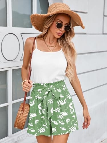 DEARCASE Casual Shorts for Women Summer Green White Flowers XX-Large Beach High Waisted Adjustable Lightweight Tie Knot Drawstring Stretchy Lounge Wide Leg Office Boho Cute Short Pants with Pockets - Thumbnail 6