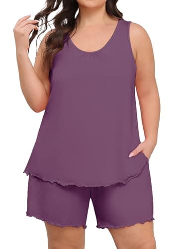 Lastshe Plus Size Pajama Set for Womens Summer Sleeveless Tank Tops Shorts Pjs Soft 2 Piece Lounge Set with Pockets Sleepwear,purplish red-1X - Image 1
