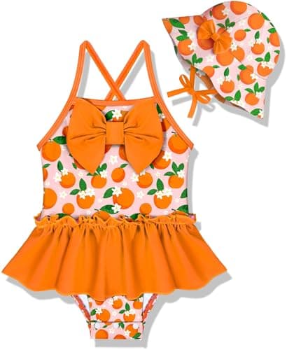 NikNio Toddler Swimsuit Girl Baby Girl Bathing Suit One Piece Sleeveless Newborn Infant Girl Swimwear with Hat Orange 12-18 Months - Image 1
