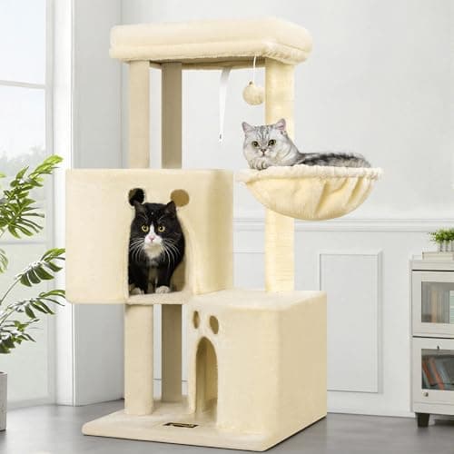 Small Cat Tree Tower for Indoor Cats, 40 in Medium Compact Adults Cat Beds Trees with 2 Condos, Sisal Scratching Post, Large Perch Platform, Multi-Level Kitty Kitten Climbing Stands House(Beige)