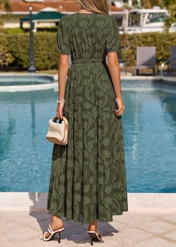 KIRUNDO Summer Dresses for Women 2026 Boho Flowy Casual Short Sleeve V Neck Elastic Waist Floral Long Baby Shower Maxi Dress(Army Green, Large) - Thumbnail 5