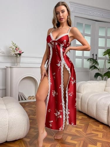 CRIPOM Silk Nightgown V Neck Sexy Night Gowns for Woman Red Lingerie for Women Side Split Nigtwear Bridal Pjs Satin Lingerie for Women Brick Red Floral S - Thumbnail 2