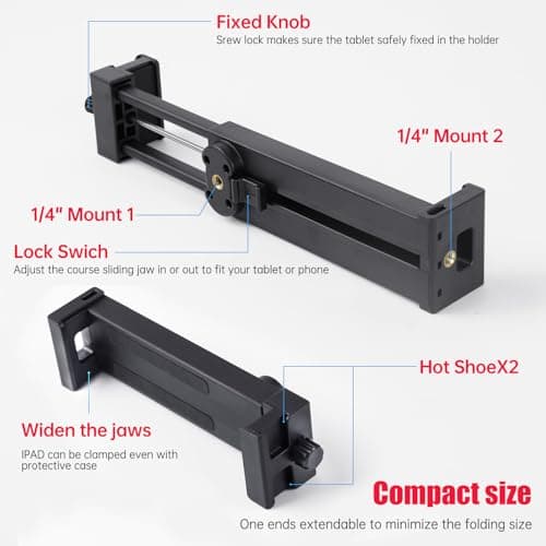 teefeet Adjustable Tripod Mount Adapter for iPad and Phone with 360°Ball Head ipad Clamp Mount with 1/4" Screw Holes, ipad Holder for Tripod Fits Most Size of Phones and Tablets - Black - Thumbnail 2