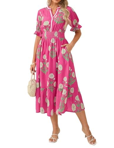 GRACE KARIN Womens Summer Floral Maxi Dress 2026 Casual Ruffle Short Sleeve Boho Dress A Line Flowy Dresses with Pockets Pink Yellow Flower XL - Image 1