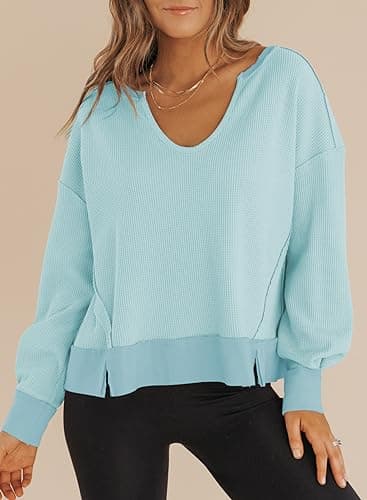 Dokotoo Cropped Sweaters for Women 2025 Spring Tops Long Sleeve Waffle Knit Tops Trendy Cute Crop Sweatshirt Tops Pullover Soft Oversized Sweater Sky Blue Sweaters for Women S - Thumbnail 2