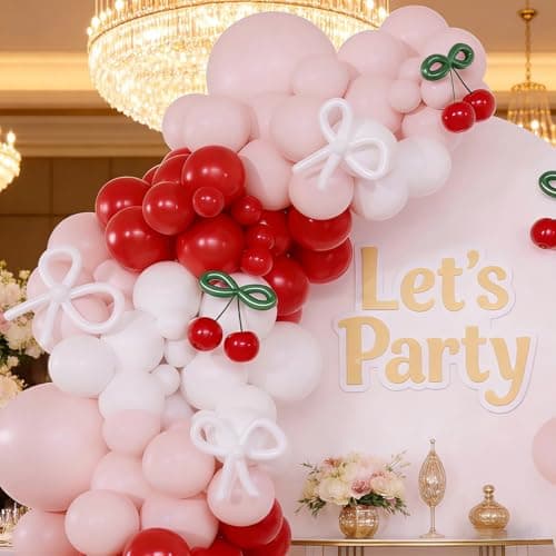 Red Cherry Balloon Garland Arch Kit, 143 Pcs Bow Pastel Pink and White Balloons for Cherry Themed Birthday Party Bridal Shower Wedding Galentine's Valentines Day Decorations - Thumbnail 5