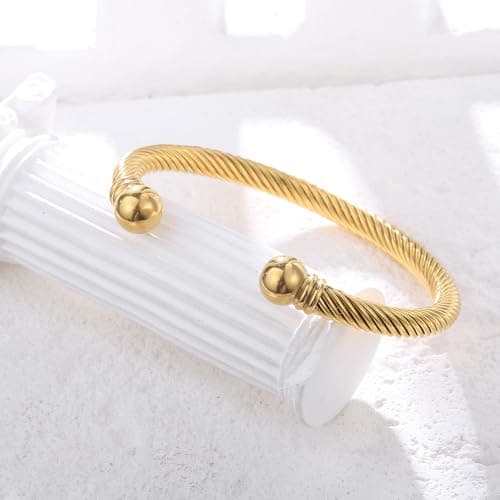 BOLAGTIER Stainless Steel Twisted Cable Wire Bracelets Adjustable Open Cuff Bangle Bracelet Vintage Jewelry Gift for Women (C-Yellow Gold) - Thumbnail 4