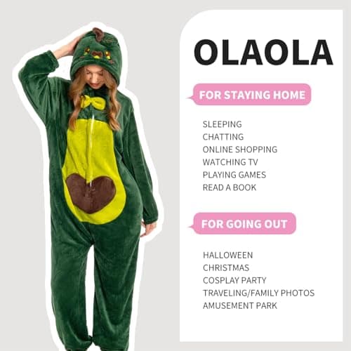 OLAOLA Adult Unisex Onesie, Flannel Avocado Pajamas, One Piece Sleepwear Cosplay Party Costume - Thumbnail 4